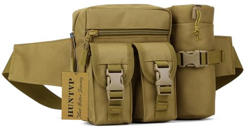 Huntvp Taktisch Hüfttasche mit Flaschenhalter Militärisch Bauchtasche Wasserdicht Gürteltasche MOLLE Wasserflasche Halter Multifunktional für Damen Herren Wandern Laufen Camping Trekking, Braun