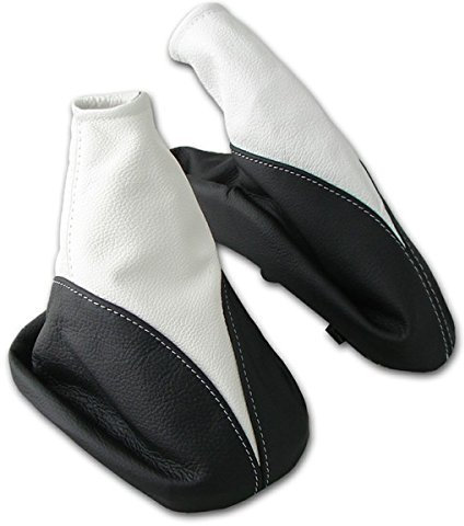 L & P Car Design L&P A105-3 Set Schaltsack Schaltmanschette + Handbremsmanschette 100% Echtleder Leder Schwarz - Weiß Ersatzteil für Opel Astra F