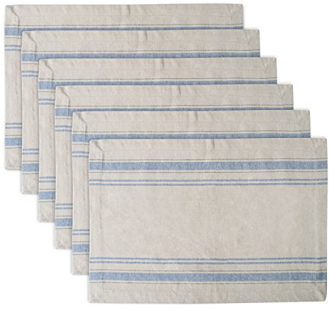 DII French Stripe Tabletop Collection Tischset-Set, Bauernhaus-Stil, 33 x 48 cm, Taupe/Blau, 6-teilig