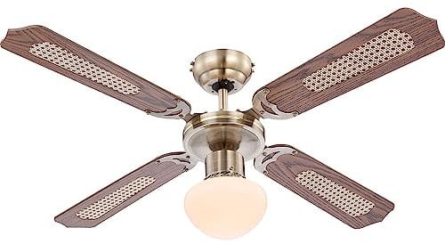 Globo E27 Ceiling Fan with Antique Brass Blades, Oak/Cane