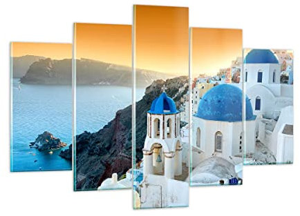 Mehrteilige Bilder auf Glas 150x100cm Glasbild Santorini Griechenland Urlaub Insel Groß XXL Wanddeko Schlafzimmer Küche Set 5 teilige Wandbilder Dekoration Wohnzimmer Modern Wand Art GEA150x100-2529