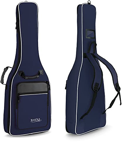 Rocktile Klassik-Gitarrentasche 4/4-Größe - Wasserabweisender Gigbag mit weicher Polsterung und Fixierung im Halsbereich - Rucksack-Gurte - Große Aufsatztaschen für Noten und Zubehör - Blau
