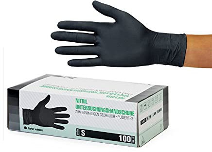 SF Nitrilhandschuhe S Schwarz – 100 Stück Einweghandschuhe, Einmalhandschuhe, Puderfrei, Latexfrei, Gummihandschuhe Einweg zum Kochen, Putzen, für Medizin, Küche, Garten, Werkstatt, Tattoo, Haushalt