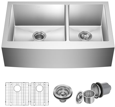 KRAUS Standart Pro 33-Inch Apron Front Farmhouse 16-Gauge 60/40 Double Bowl Stainless Steel Kitchen Sink, KHF203-33
