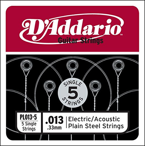 D'Addario PL013-5 Cuerda individual de acero liso para guitarra electrica/acustica, 5-Pack, 013