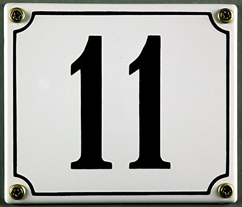 Emaille Hausnummernschild - Wählen Sie Ihre Nummer - Zahlen 1 bis 30 verfügbar - weiß/schwarz 12x12 cm - 12x14cm - sofort lieferbar! Hausnummer Schild wetterfest und lichtecht (11 weiß/schwarz 12x14cm)
