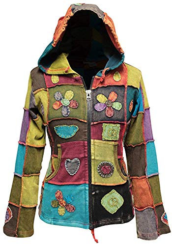 SHOPOHOLIC FASHION - Giacca con cappuccio da donna Love Peace, stile hippy,motivo patchwork, S