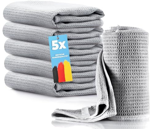 HELOME 5X Microfaser-Trockentücher | Geschirrtücher | Waffeltuch 38X60cm- Für Bad, Küche, Auto, Autoscheibe und Gewerbe. Streifenfreies Trocknen v. Fenstern, Duschkabinen, Gläsern, Besteck u. Geschirr