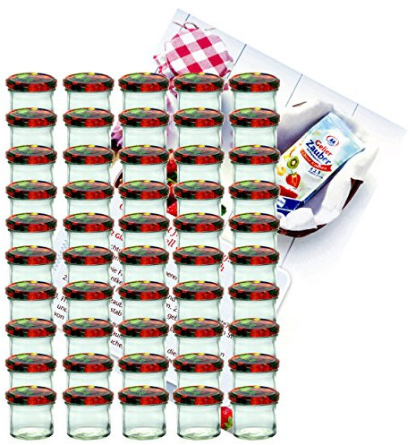 MamboCat 50er Set Sturzglas 125 ml Marmeladenglas Einmachglas Einweckglas to 66 Obst Dekor Deckel incl. Diamant-Zucker Gelierzauber Rezeptheft