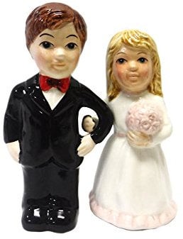 Salière et poivrière magnétique en forme de rose avec inscription « Bride and Groom »