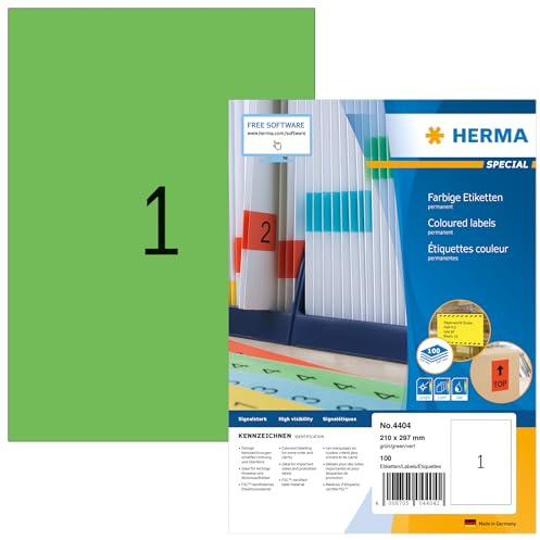 HERMA Self Adhesive Coloured Labels, 1 Label per A4 Sheet, 100 Sheets, 210 x 297 mm, 100 Labels, Blank Colour Labels Stickers, Sticky Labels for Laser & Inkjet Printer, Green