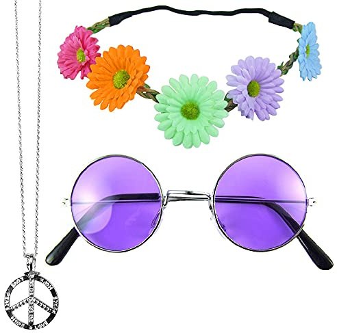 Das Kostümland Hippie Set 3-tlg. - Margeriten Haarband, Peace Kette und Lennon Brille - Lila