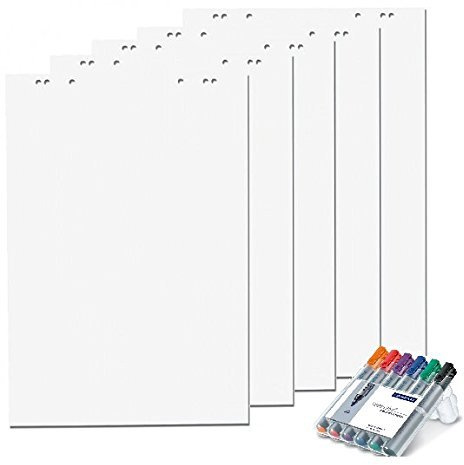 Faxland - Blätter für Flipchart, 20 Seiten, 69 x 99 cm, 5 Pakete, 6 Löcher, Weiß 5 Flipchartblöcke + 6er Marker weiß
