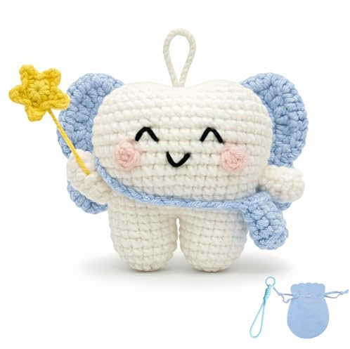 LUDEONA Tooth Fairy Crochet Plush with Tooth Pouch, Door Hanger & Keychain, Mini Tooth Holder Keepsake for Lost Teeth, Includes Velvet Gift Bag, Tooth Fairy Pillow Alternative (Blue)