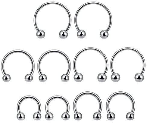 PiercingJ - Boucle Anneau pour Oreille Cartilage Tragus Levre Sourcil Nez Septum Langue Cercle avec Boule Ball Conique Rond Acier Inoxydable Bijoux de Corps Argent - Lot de 10
