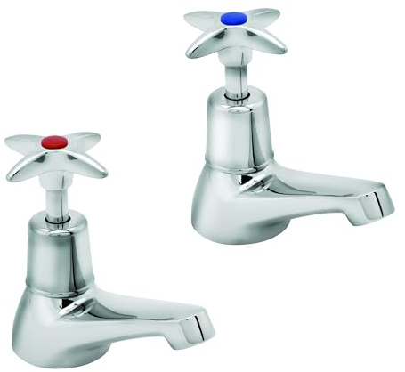 Deva 181X Cross Handle Basin Chrome Hot & Cold Pair Silver Kitchen Bathroom Utility Room Sink Faucet Pillar Taps – 12 Year Warranty, Set of 2 Pieces