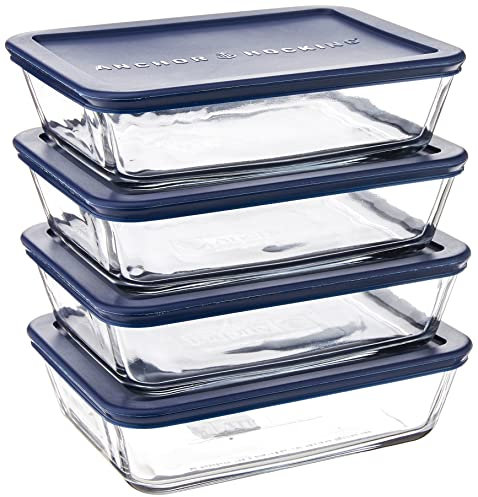 Anchor Hocking 6-Cup Rectangular Food Storage Containers with Blue Plastic Lids, Set of 4