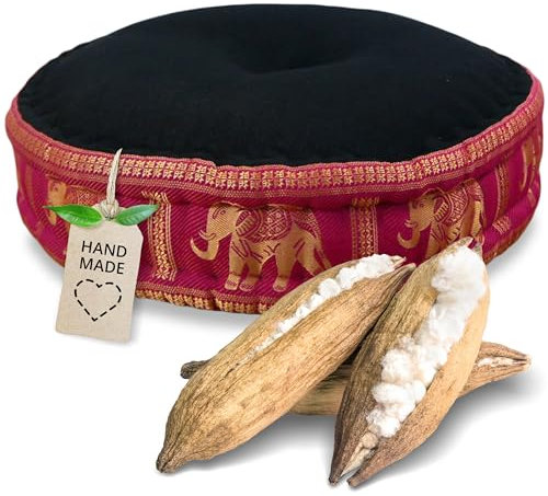 livasia Meditationskissen mit Thaiseide - Ø 45x15cm - Yogakissen mit Kapok, Pouf, Bodenkissen für Yoga und Zen Meditation, Sitzkissen für Garten und Balkon, Zafukissen (Schwarz/Rosa/Elefanten Seide)
