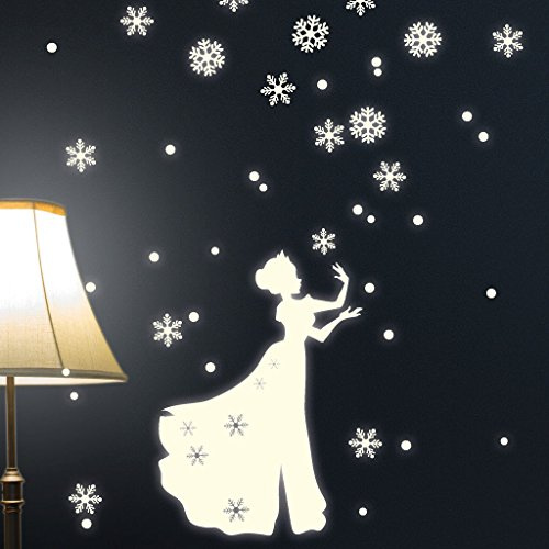 Wandtattoo Loft Leuchtaufkleber „Eis Prinzessin mit Schneeflocken“ Mädchen Königin Frozen/Fluoreszierend und im Dunkeln leuchtend/Sternenhimmel Kinderzimmer leucht selbstklebend