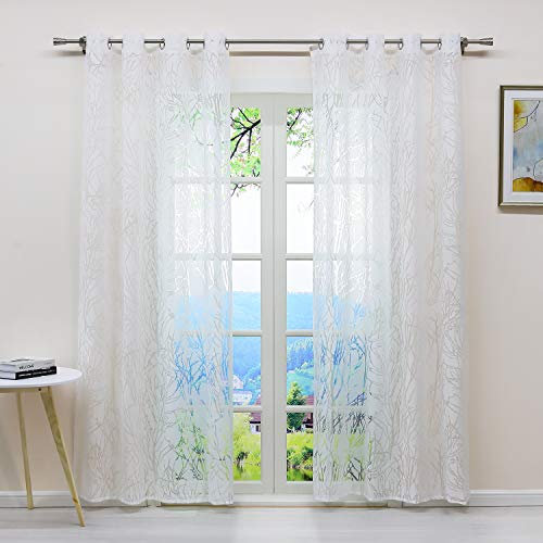 ESLIR Gardinen mit Ösen Vorhänge Ausbrenner Weiß Fensterschal Transparent Ösenschal mit Zweige Muster BxH BxH 140x145cm1 Stück