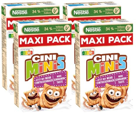 Nestlé Cini Minis, Zimt Cerealien, 32% vitales Vollkorn, Mit Vitaminen, Calcium und Eisen, Crunchy Knusper Flakes, Maxi Vorratspackung, 4er Pack (4x625g)