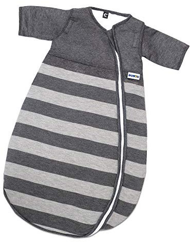 Gesslein Baby Schlafsack Bubou, Ganzjahres-Schlafsack mit Temperaturregulierung (langer Reißverschluss, 110), dunkelgrau-hellgrau Streifen