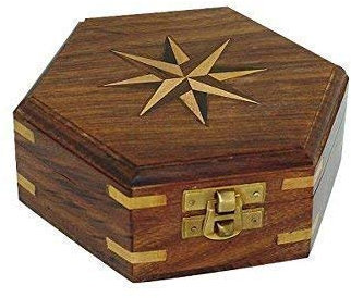 Holzbox, sechseckige Maritime Box mit Windrose Inlay und Messingecken 13 cm