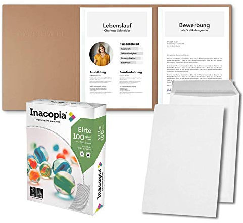 Bewerbungsset // 10 Stück 3-teilige Bewerbungsmappen Cognac + 250 Blatt 100 g/m² Premium Bewerbungspapier + 10 Stück B4 Versandtaschen in Weiß - Das ultimative Bewerbungsmappen-Bundle - All inkl.