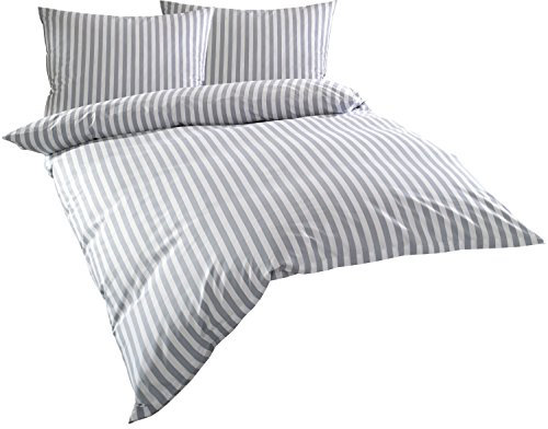 Mako Batist/Mako Perkal Landhaus Bettwäsche Streifen Oslo gestreift (240 cm x 220 cm + 2X 80 cm x 80 cm, Grau - Streifen)