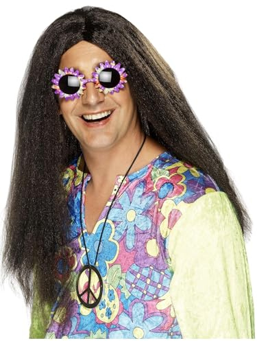 Smiffys Hippy Wig, Brown Long with Centre Parting, 1960's Groovy Fancy Dress, Adult Dress Up Wigs Halloween