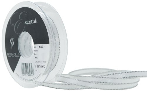 Berisfords 7 mm Silver Edge Satin Ribbon, White