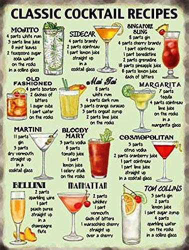 Classic Cocktail Recipies Kitchen Pub Vintage Retro Metal Tin Sign 10647, PVC, 6 x 8