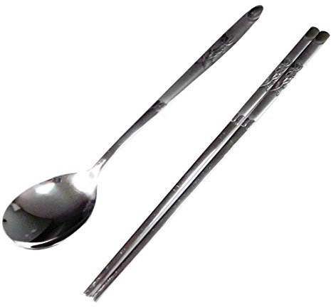 Lot de 5 couverts traditionnels coréens en acier inoxydable avec cuillère et baguettes