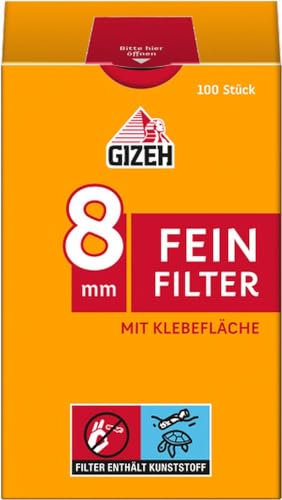 GIZEH Feinfilter 8 mm Durchmesser – Fine Filter mit Klebefläche für besseren Halt – 10er Pack á 100 Filter mit 15 mm Länge – Packung mit praktischem Verschluss