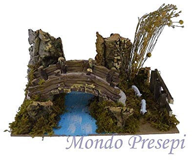 Rossi Rosa Brücke über Fluss, aus Kunstharz, mit Schafen, 20 x 12 cm