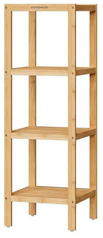 SONGMICS Bambusregal Lagerregal 4-stöckiges Regal Multifunktional im Eingangsbereich Badezimmer Wohnzimmer Balkon Küche 13x13x38,6 Zoll Helles Bambus UBCB54Y