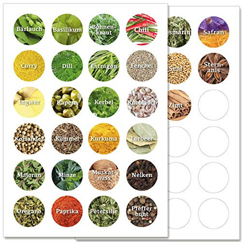 WANDKINGS Gewürzetiketten Ø 4 cm - 48 Stück kreisförmige Gewürzaufkleber - Etiketten/Sticker/Aufkleber für Gewürze selbstklebend auf 2 DIN A4 Bögen - Schrift 2