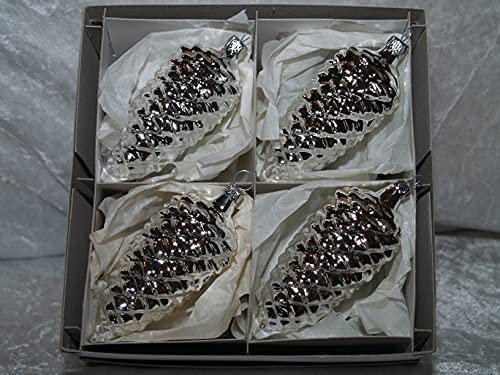 Jingle Bells Lauscha Christbaumschmuck Lauscha Zapfen Silber - Mundgeblasener Weihnachtsbaumzapfen - 4 Stck. pro Box - Klassisch - Silber - Weihnachten