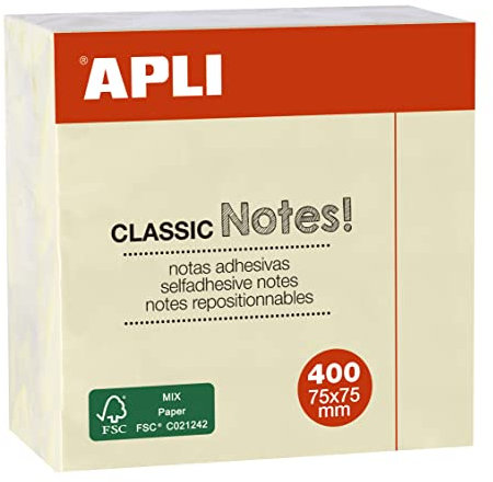 APLI 11597 - Foglietti adesivi CLASSIC 75x75 mm cubo da 400 fogli colore giallo