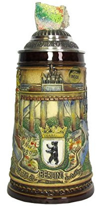 KING Jarra de cerveza alemana Berlín, marrón, tapa con piedra original del muro, jarra 0,5 litros