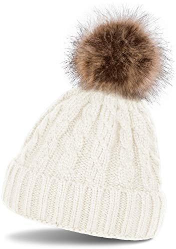 styleBREAKER Zopfmuster Bommelmütze, Strickmütze mit Fellbommel, Winter Beanie Mütze, Unisex 04024064, Farbe:Weiß (Creme-Weiß)