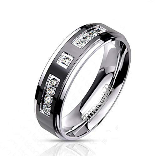 Paula & Fritz® Ring Damen Zirkonia Klar Titan-IUM Größe 54 (17,2) Silber-schwarz 6-mm breit Partnerring Ehering Verlobungsring Bandring Herrenring