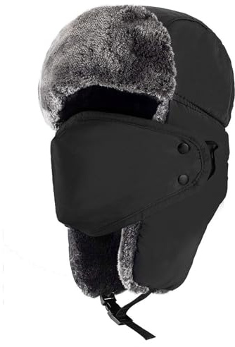 Mysuntown Unisex Winter Trooper Trapper Hat Hunting Hat Ushanka Ear Flap Chin Strap and Windproof Mask,Black,22-24 Inches ,One Size Fits All