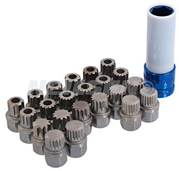 Neilsen CT3988 23pc Locking Wheel Nut Key Set- Compatible with VAG Vehicles | 1/2in.Dr | 17mm Socket | Multi-Ribe & Spline Bits