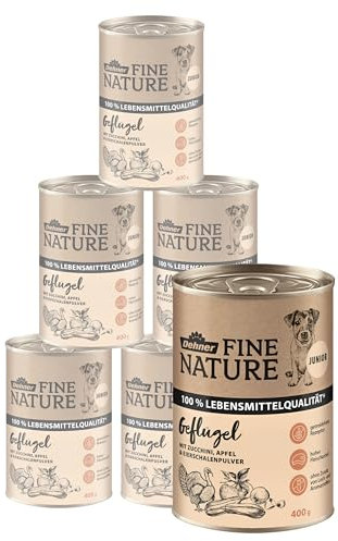 Dehner Fine Nature Hundefutter, Nassfutter in Lebensmittelqualität, für Welpen und junge Hunde, Geflügel, 6 x 400 g Dose (2.4 kg)