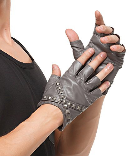 Nappaglo Herren Lederhandschuhe für fahren italienisches Lammfell Halbfinger Fingerlose Ungefüttert Motorrad Radfahren Handschuhe (M (Umfang der Handfläche:20.3-21.6cm), Grau)