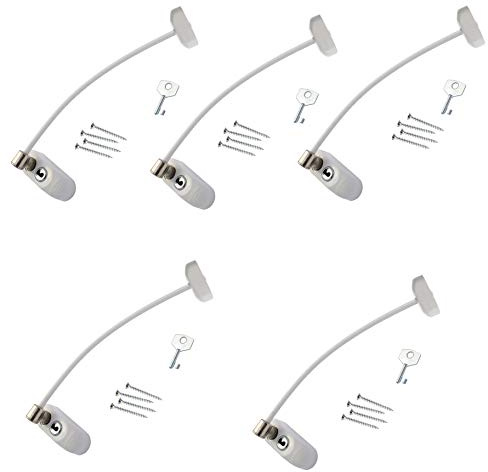 5 x White Max6mum Security Window & Door Restrictor for Baby and Child Safety - uses Strong Cable and is Key Lockable