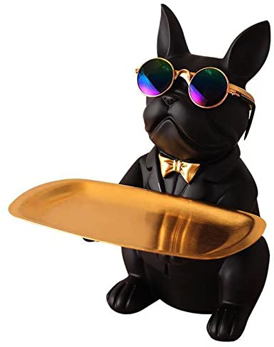 Zhenpin Coole Bulldog Figur Skulptur Statue Mit Sonnenbrille und Metallschale für Schlüsselbox, Aufbewahrungsfunktion, Schwarz