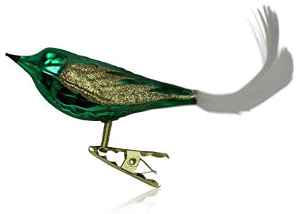 Lauschaer Glas Christbaumschmuck Vogel mit Federschwanz grün Glanz 3 Stück Christbaumschmuck Weihnachtsbaumschmuck mundgeblasen, handdekoriert