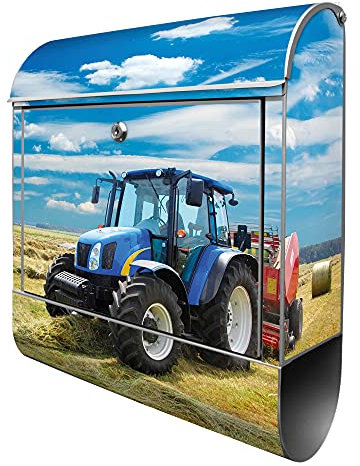 banjado® Design Briefkasten mit Traktor 38,5x46,5x13cm & 2 Schlüssel - Briefkasten Stahl Silber mit Zeitungsfach pulverbeschichtet - Postkasten A4 Einwurf inkl. Montagematerial